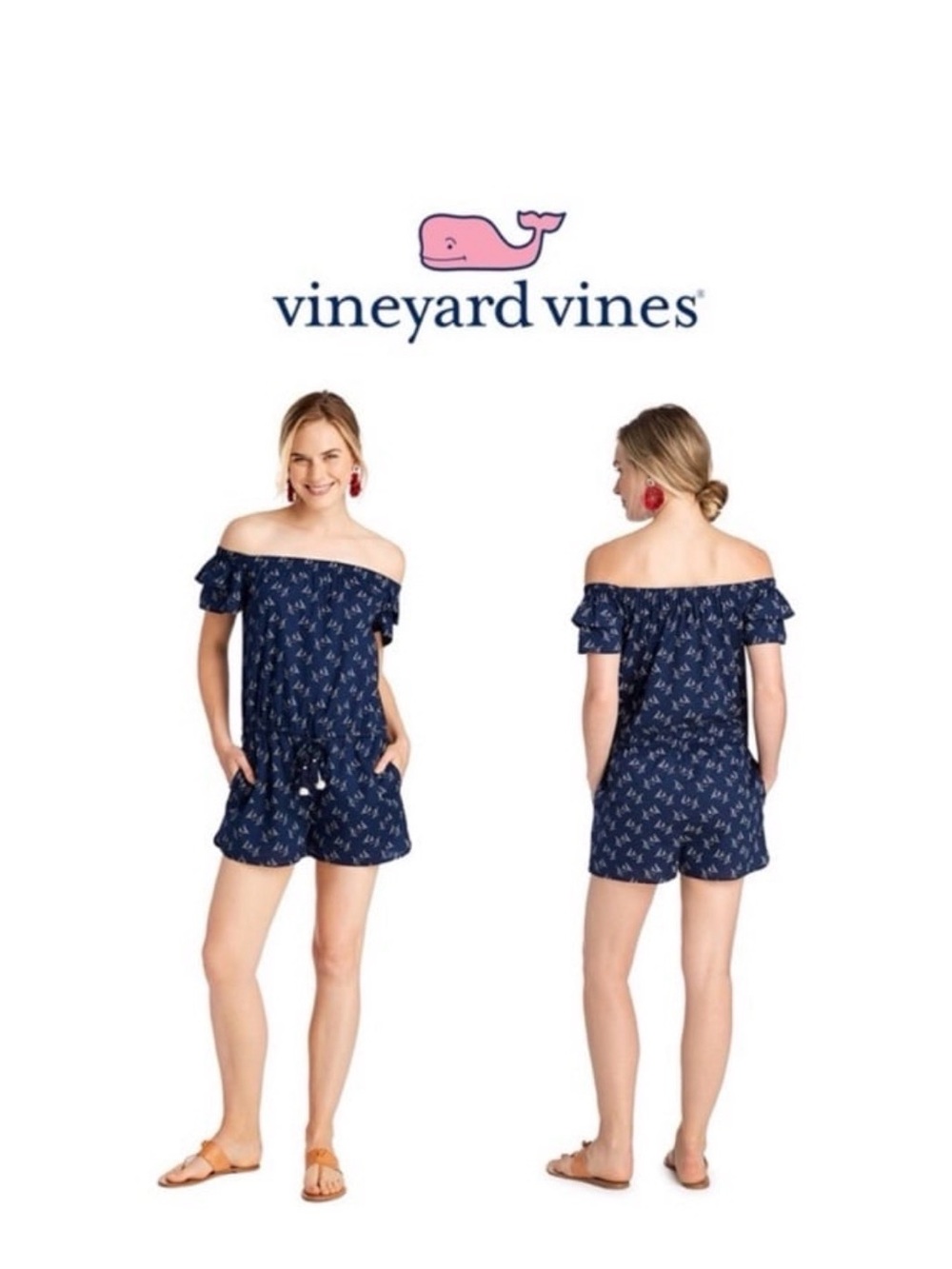 Vineyard Vines Navy Off-Shoulder Printed Romper - Picture 6 of 6